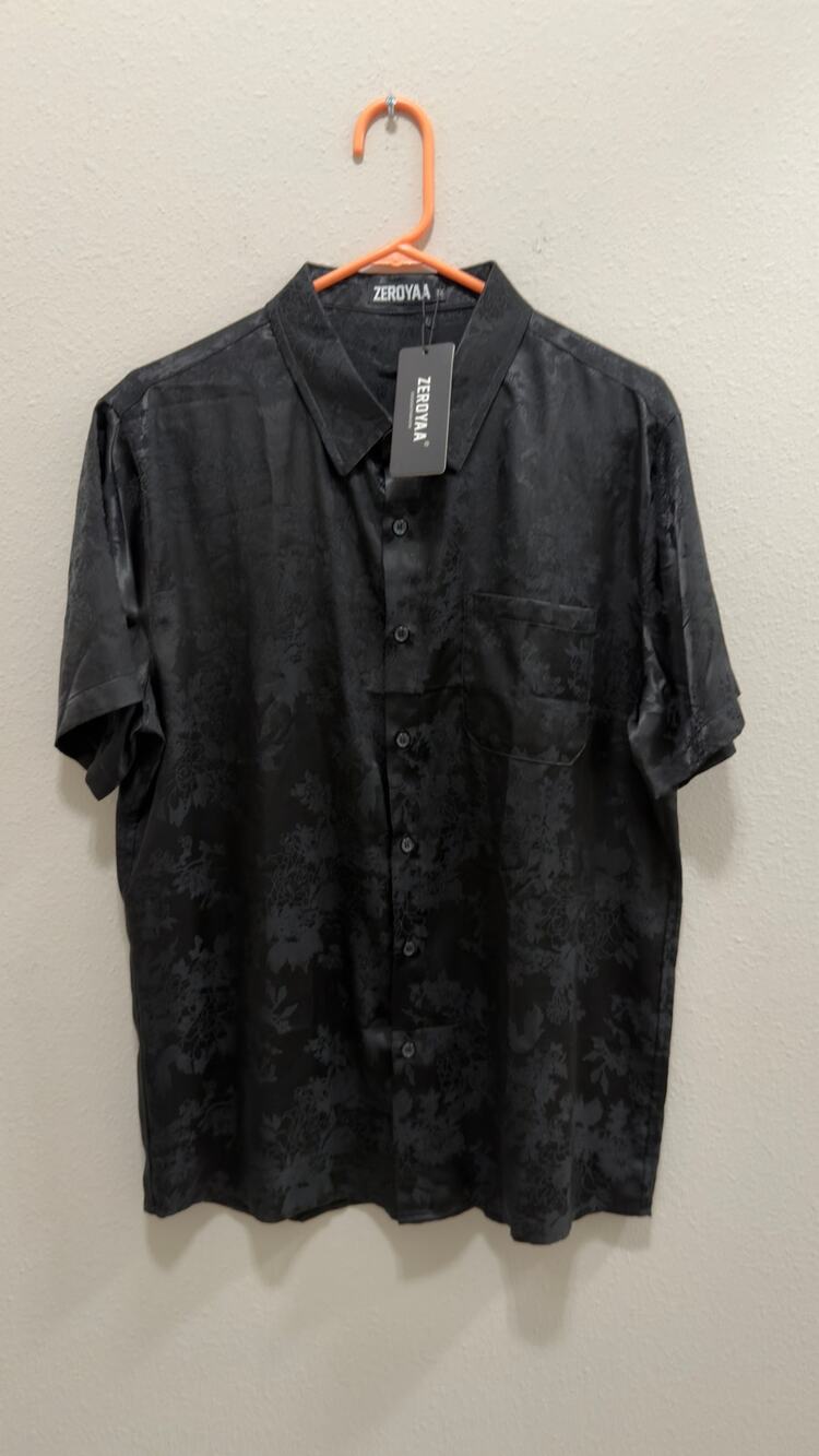 ZEROYAA Men's Luxury Satin Floral Jacquard Short Sleeve Button Down Shirt Medium